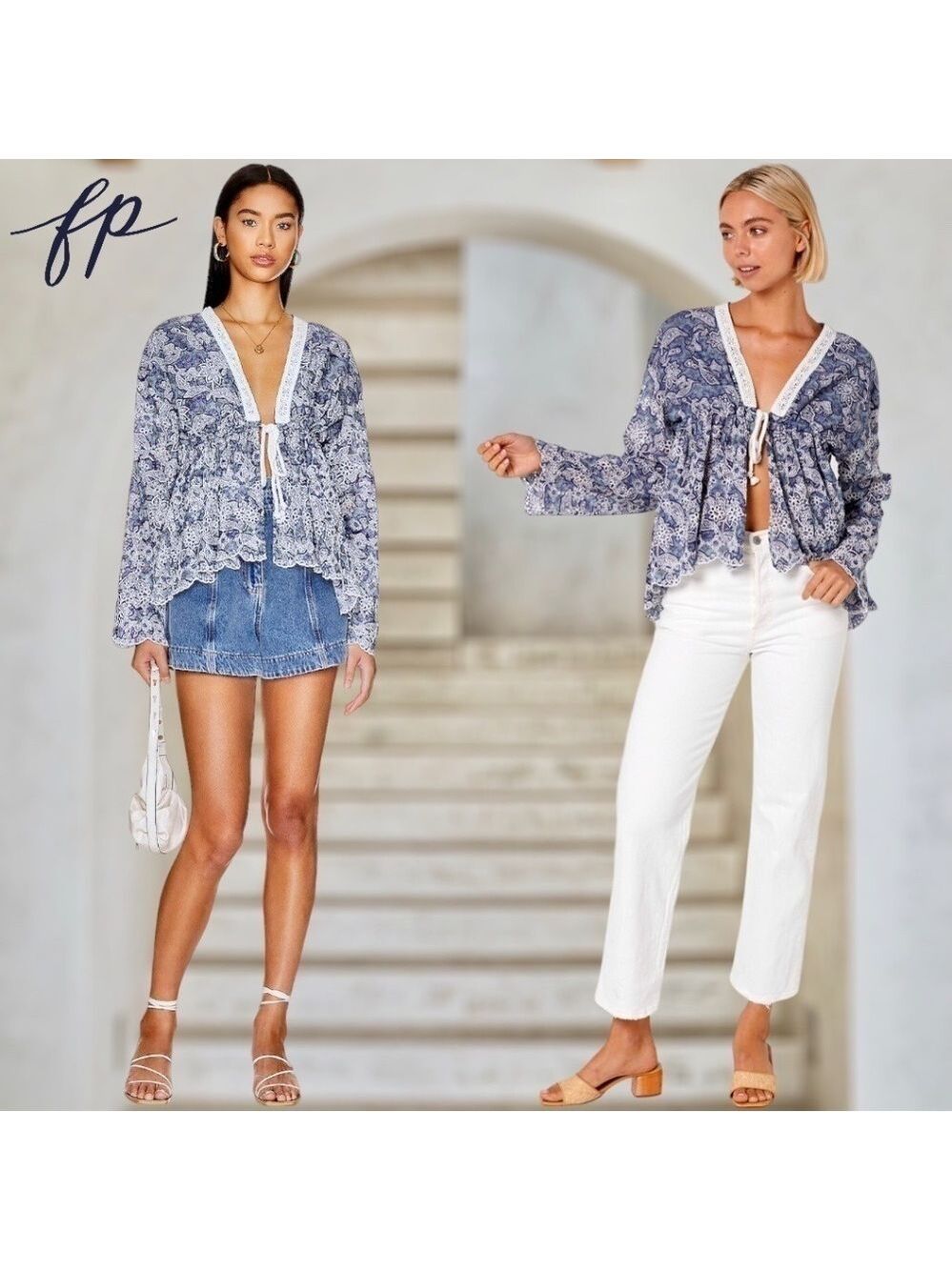 FREE PEOPLE NWT Anissa Floral-Print Eyelet/Embroidered Tie-Front Bed Jacket/Lg - Picture 4 of 14